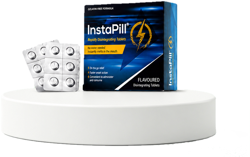 InstaPill rapidly disintegrating tablets box and blister pack on display pedestal
